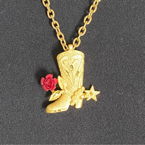 Country Western Style Cowboy Boot w/Rose Pendant Necklace Gold-Tone - Picture 3 of 10